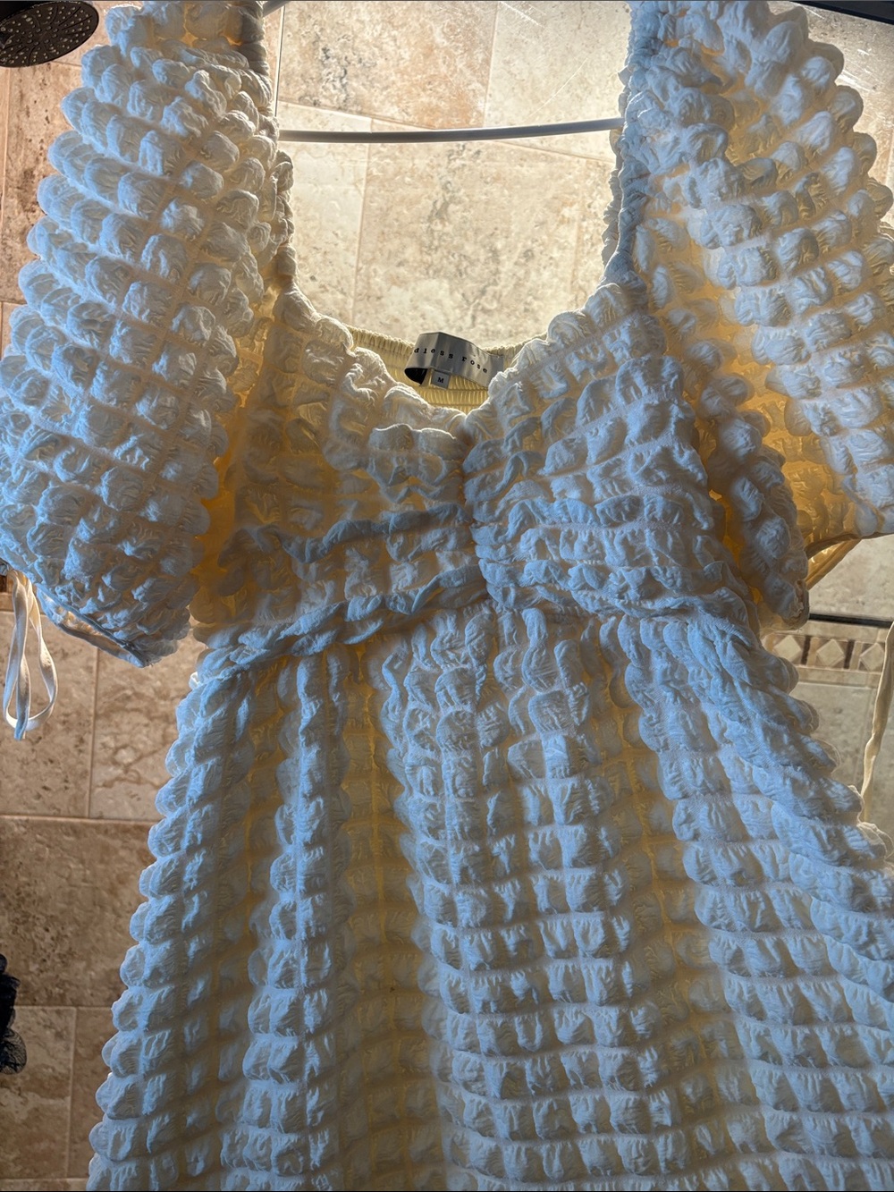 NWOT Endless Rose Cream Textured Puff Sleeve Smocked Dress